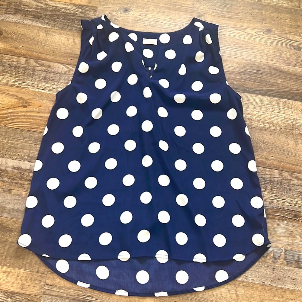 Pixley Sleeveless Navy Polka Dot Blouse. Size Medium